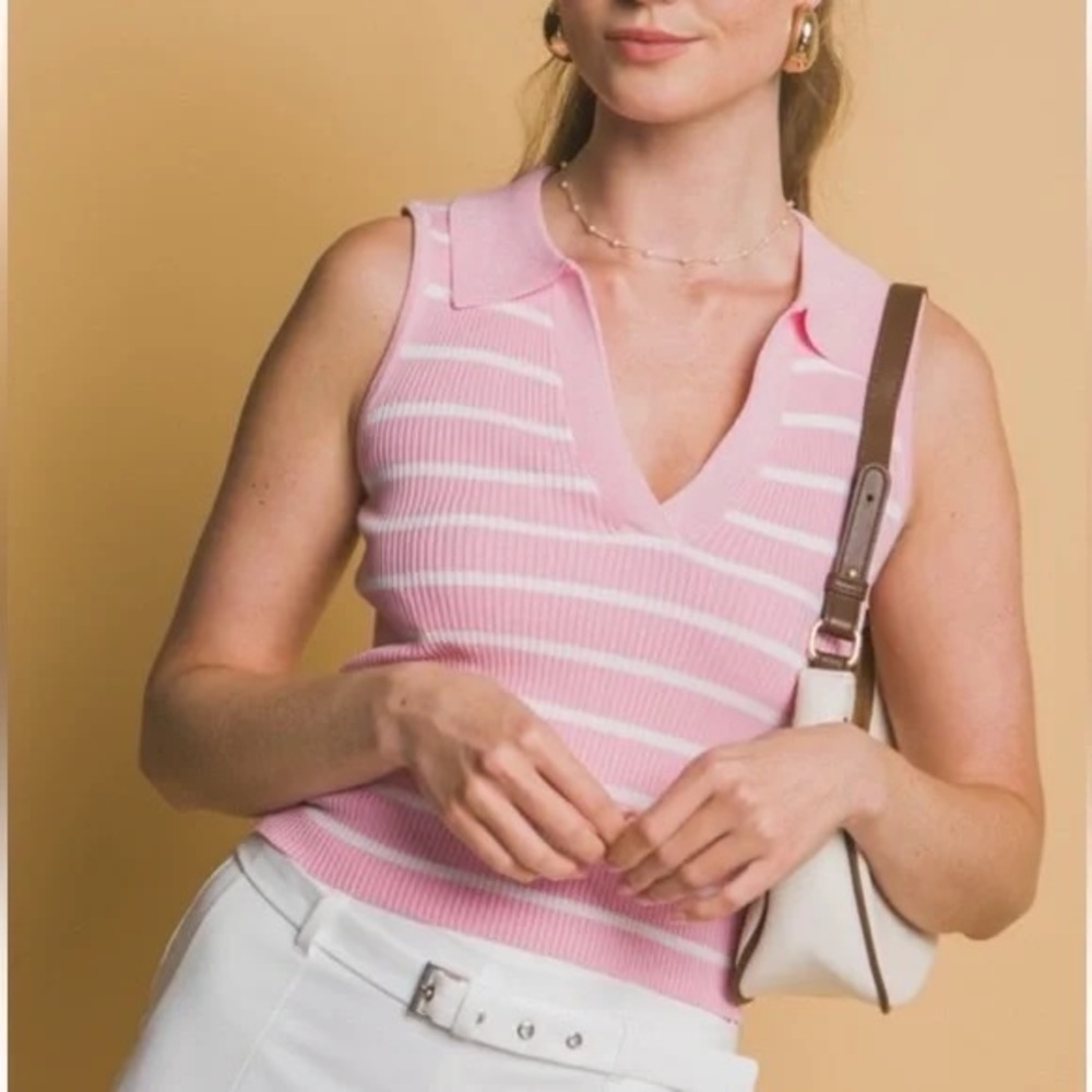 181 - Pink Striped Sleeveless V-Neck Top - Picture 1 of 2